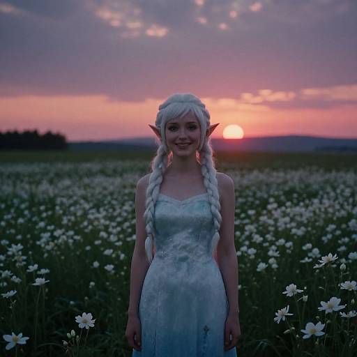 Epic Anime Elf in Sunset Field