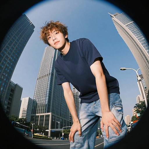 Photograph of a young Asian man with messy brown hair, wearing a black t-shirt and blue jeans, leaning forward in a fisheye lens shot