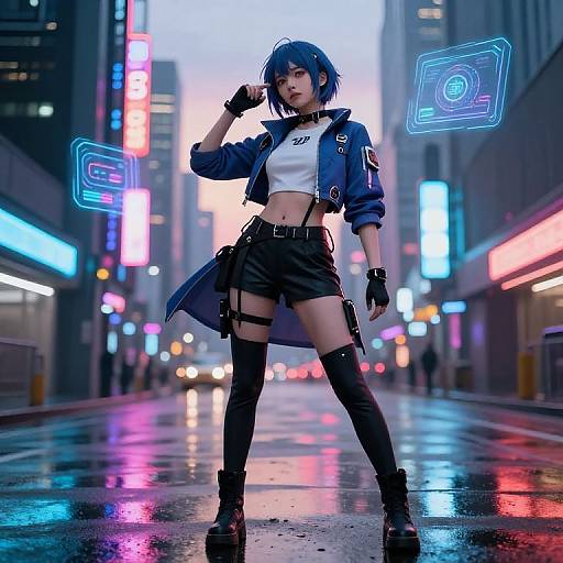 Cyberpunk street scene: anime-style woman with blue hair, white crop top, black shorts, thigh straps, and boots, neon city lights reflecting