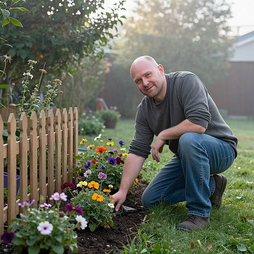 Photograph of a bald, smiling man in a gray sweater and jeans kneeling by a wooden picket fence, tending to colorful flowers in a lush