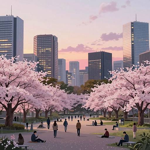 Digital anime-style illustration of a city park at sunset, featuring cherry blossom trees, people walking and sitting, and skyscrapers in the background. Soft