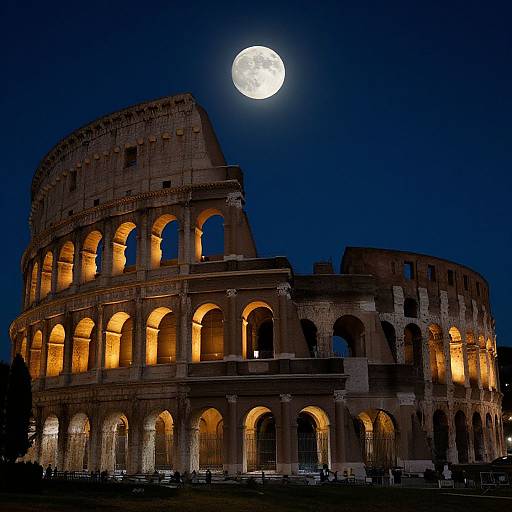 Photograph of illuminated Colosseum at night, with a bright full moon in the dark blue sky, highlighting its ancient arches and ruins.
