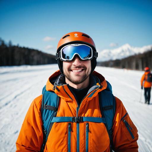 Smiling skier in orange winter gear