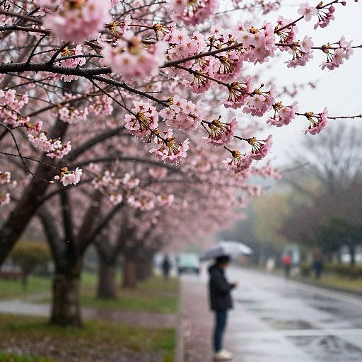 Serene Rainy Cherry Blossom Scene