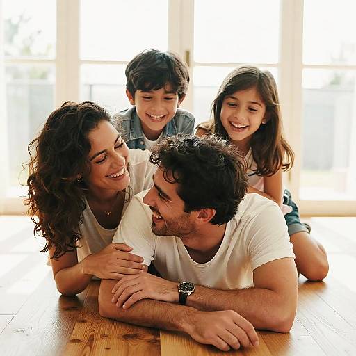 Joyful Family on Sunlit Wooden Floor