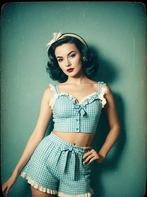 Woman in Blue Gingham Two-Piece Summer Outfit