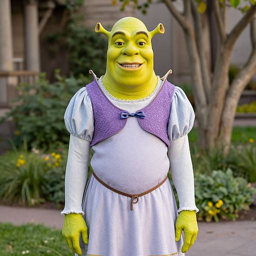 Photograph of a yellow-skinned, alien-like character with antennae, wearing a medieval-style white dress with a purple vest, standing in a garden