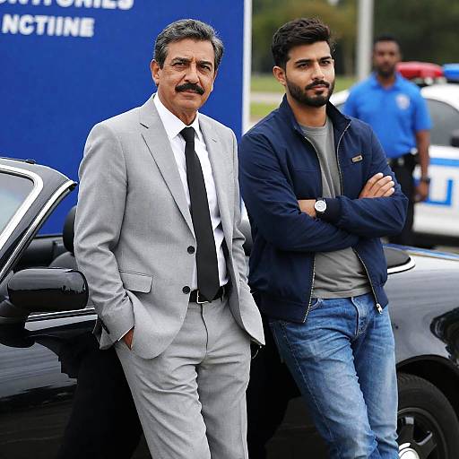 Two Men Leaning on Convertible Car with Police Presence