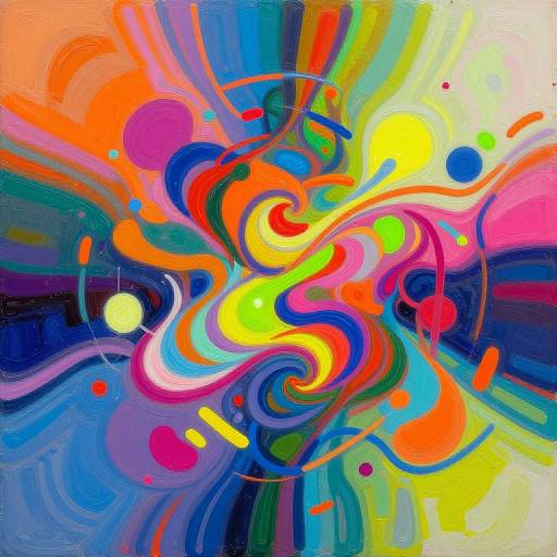 Vibrant abstract painting with swirling, colorful patterns in orange, red, blue, green, yellow, and purple, creating a dynamic, energetic composition