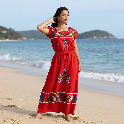 Photograph of a young woman with dark hair in a red dress with colorful embroidery, standing on a sandy beach with ocean waves and distant green hills in