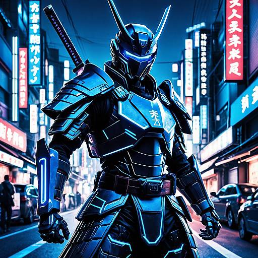 Futuristic Samurai in Cyberpunk Street