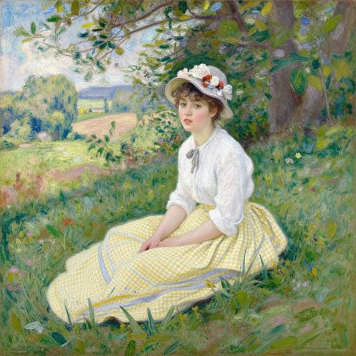 Impressionist-style painting of a young woman with fair skin and curly brown hair, wearing a white blouse and yellow checkered dress, sitting on grass