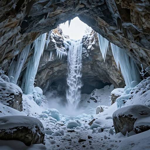 Photograph of a frozen cave with a cascading ice waterfall, surrounded by icicles, snow-covered rocks, and a bright sky above.