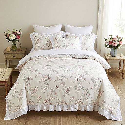Photograph of a neatly made bed with white floral bedding, flanked by wooden nightstands with vases of flowers, in a bright, sunlit