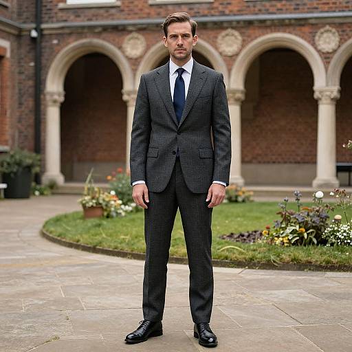 Photograph of a serious-looking man in a dark pinstripe suit, white shirt, and black tie, standing in a brick courtyard with arched