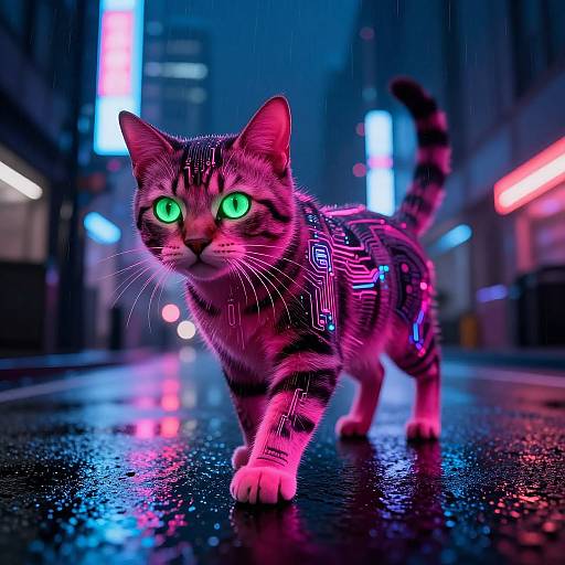 Neon-lit cybercat with glowing green eyes and digital-patterned fur walks on a wet, reflective urban street at night.