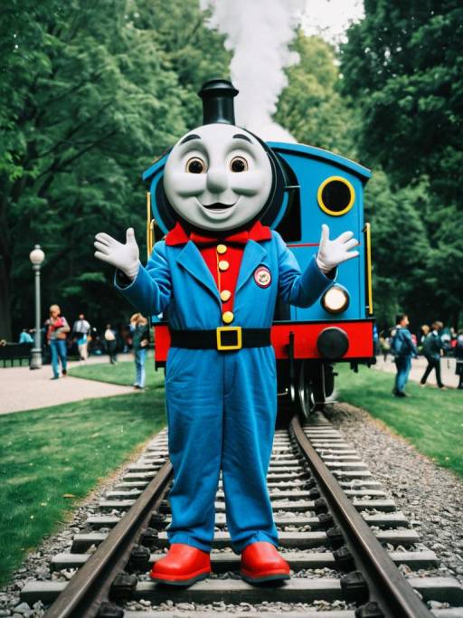 Cheerful Man in Thomas Train Costume Outdoors