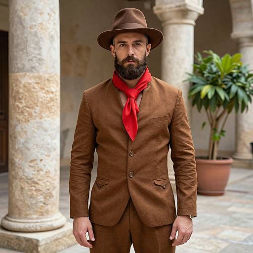 Photograph of a bearded man with a brown hat and suit, red scarf, standing in an outdoor colonnade with a potted plant.