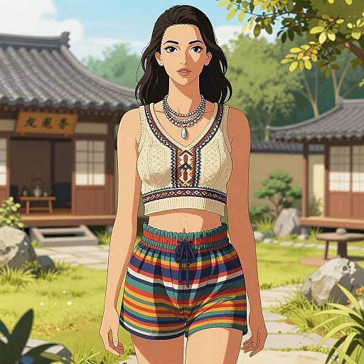 Digital anime-style illustration of a confident woman with black hair, wearing a white crochet top and colorful striped shorts, standing in a sunny traditional Japanese garden.