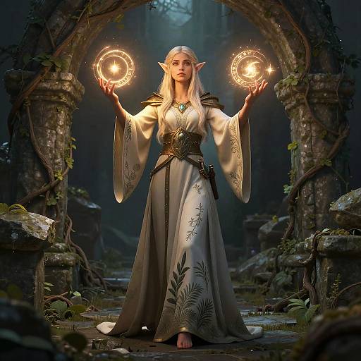 Digital fantasy artwork of a white-haired, elven woman with pointed ears, wearing a long, white dress, holding glowing, circular magical orbs under a