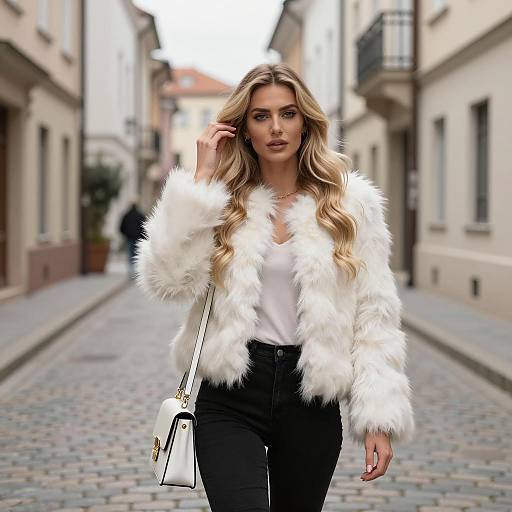 Blonde woman in white fur jacket on cobblestone street