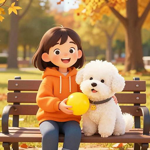 Digital illustration of a smiling girl with brown hair in an orange hoodie, holding a yellow ball, sitting on a bench with a fluffy white dog in an