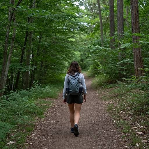 Woman Hiking Through Serene Forest Path