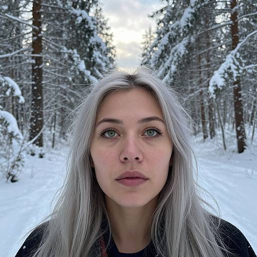 Photograph of a young woman with long, silver hair and blue eyes, standing in a snowy forest, looking directly at the camera.