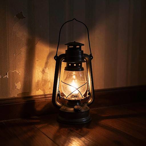 Photograph of a vintage black lantern with a glowing light, casting warm shadows on a textured wooden wall and floor.