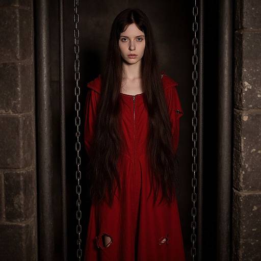 Photograph of a pale-skinned woman with long black hair, wearing a red dress, standing between dark stone walls with chains.