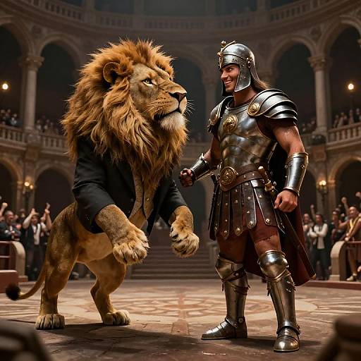 Playful Gladiator and Suit-Wearing Lion