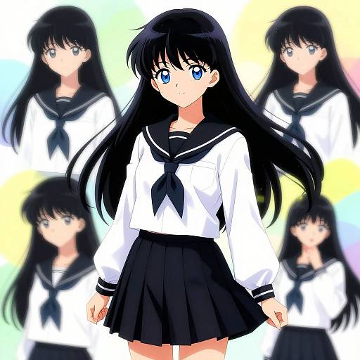 Digital anime drawing of a blue-eyed, black-haired girl in a white sailor uniform and black pleated skirt, surrounded by five blurred, identical versions.