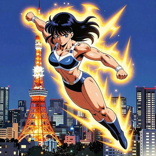 Muscular Japanese Superhero Over Tokyo