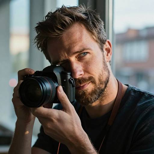 Photograph of a bearded, brown-haired man with intense blue eyes, holding a DSLR camera close to his face, wearing a dark shirt,
