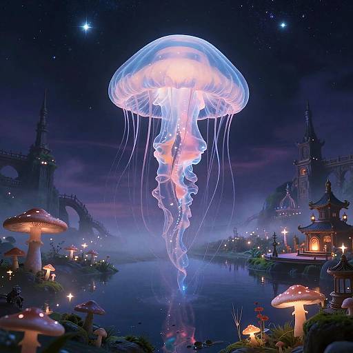Celestial Jellyfish Over Luminous Mushroom Fields