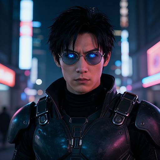Photorealistic CGI of a serious man with spiky black hair, blue glowing eyes, wearing black armor and sunglasses, standing in a neon-lit