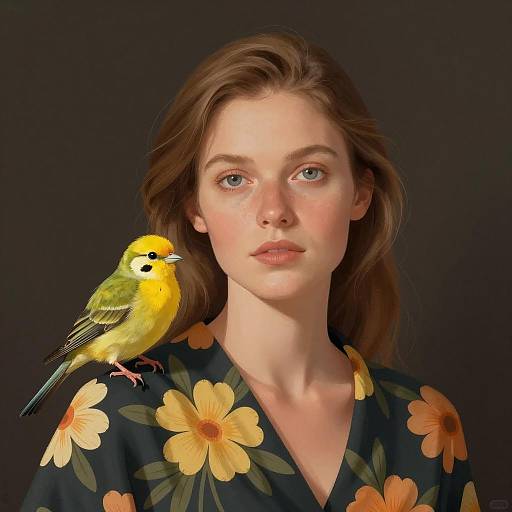 Elegant Woman with Floral Scarf and Bird