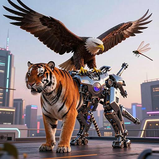 Digital artwork of a robotic tiger with a cybernetic eagle perched on its back in a futuristic cityscape at sunset.