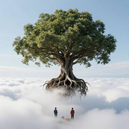 Digital artwork of a giant tree with sprawling roots, surrounded by clouds. Two people and a dog stand below, looking up. Bright blue sky in the