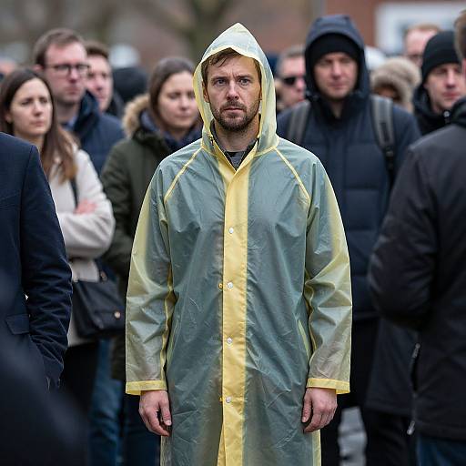 Man in Raincoat Among Crowd
