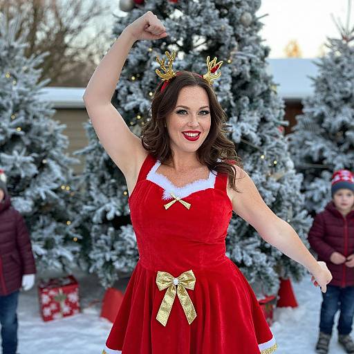 Photograph of a smiling woman in a red velvet Santa dress with white trim, gold bow, and reindeer antlers, posing in a snowy Christmas