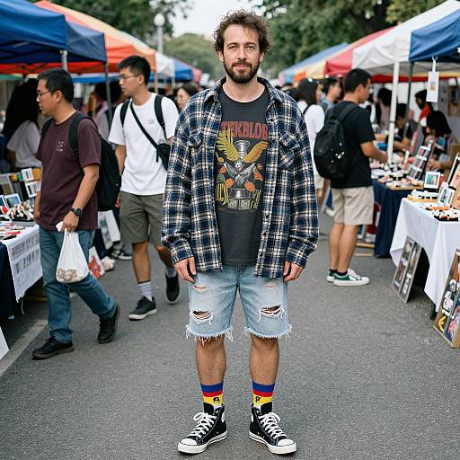 Photograph of a bearded man with curly hair, wearing a plaid shirt, black t-shirt, distressed denim shorts, colorful socks, and black