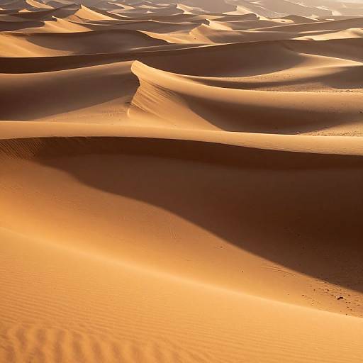 Photograph of golden sand dunes under sunlight, casting long shadows and displaying smooth, rippled textures and gentle waves across the desert landscape.
