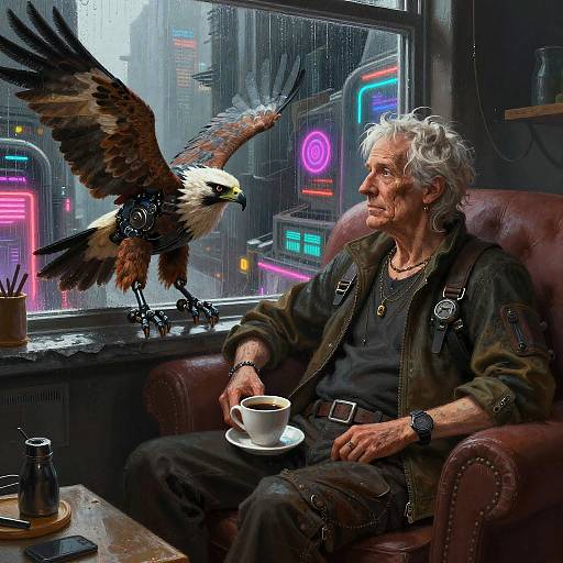 Digital artwork: Grey-haired man in black attire sips coffee, sitting in dim café; large eagle perches on windowsill, neon cityscape outside