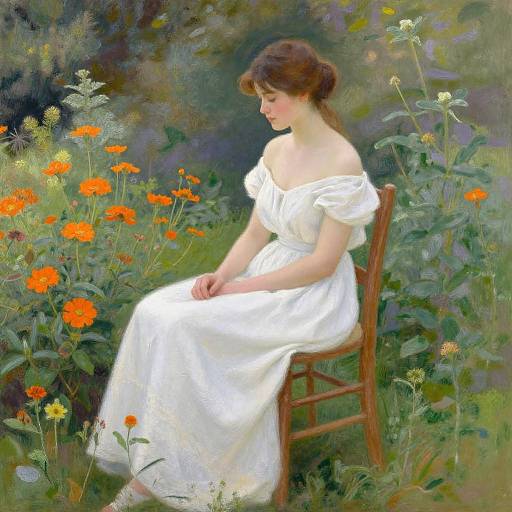 Painting of a fair-skinned, brown-haired woman in a white off-shoulder dress, sitting on a wooden chair amidst vibrant orange flowers and