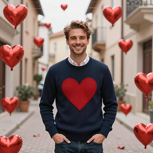 Smiling Man in Heart Sweater with Red Heart Balloons