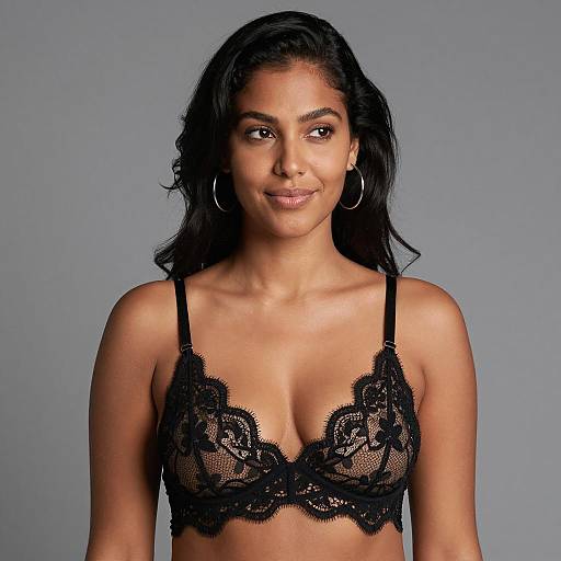 Woman Wearing Black Lace Bra and Silver Hoop Earrings