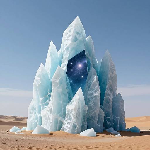 Photograph of towering, translucent blue ice crystals with a starry night sky visible within, standing in a barren desert landscape.