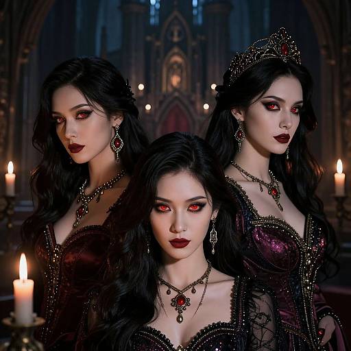 Digital art of three gothic, pale-skinned women with red eyes and black hair, wearing dark, ornate dresses, and red gemstone jewelry