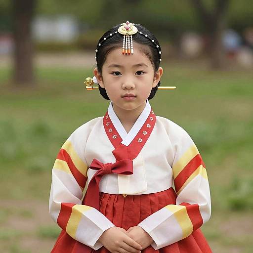 Photograph of a young Asian girl in traditional Korean hanbok, featuring a white and red outfit with yellow stripes, red bow, black hair with